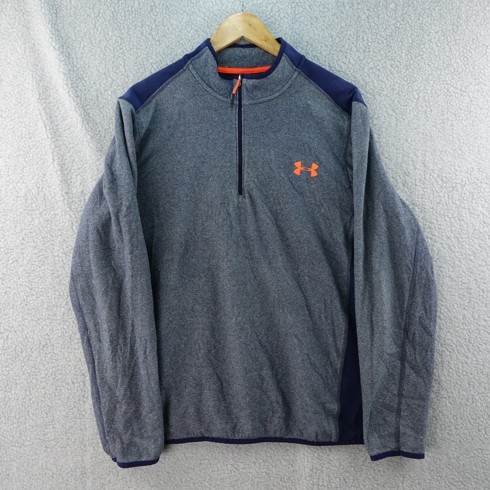 Under Armour Mens L 1/4 Zip Pullover Gray Blue Athletic Warm Up Performance Warm